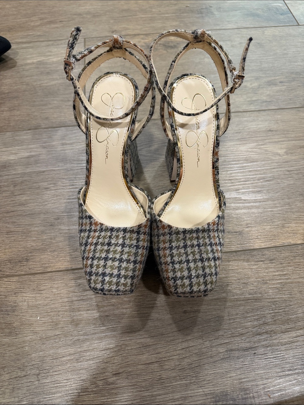 Jessica Simpson Plaid Ankle-Strap Block Heels in Gray/Tan Houndstooth